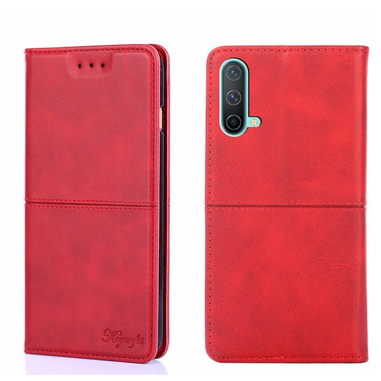 Magnetic flip leather phone case in red; front and back view with camera cutout