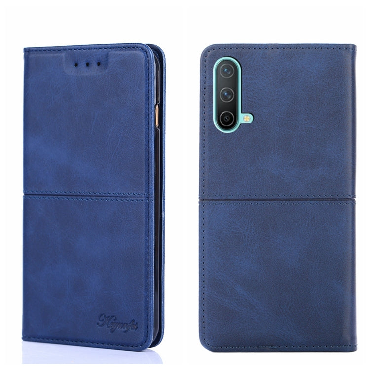 Magnetic flip leather phone case in blue; front and back view with camera cutout