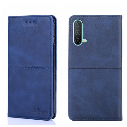 Magnetic flip leather phone case in blue; front and back view with camera cutout