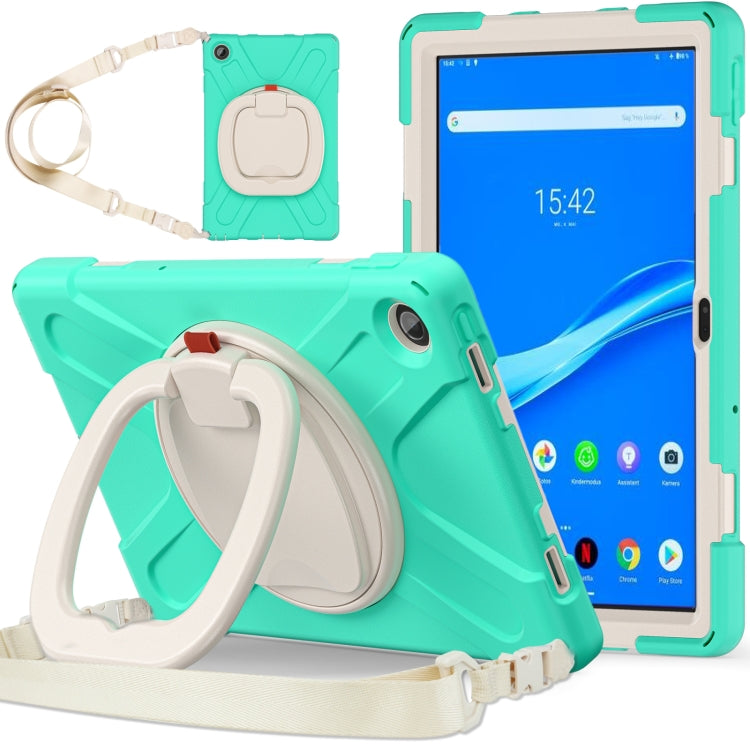Mint green protective tablet case with rotating handle and shoulder strap