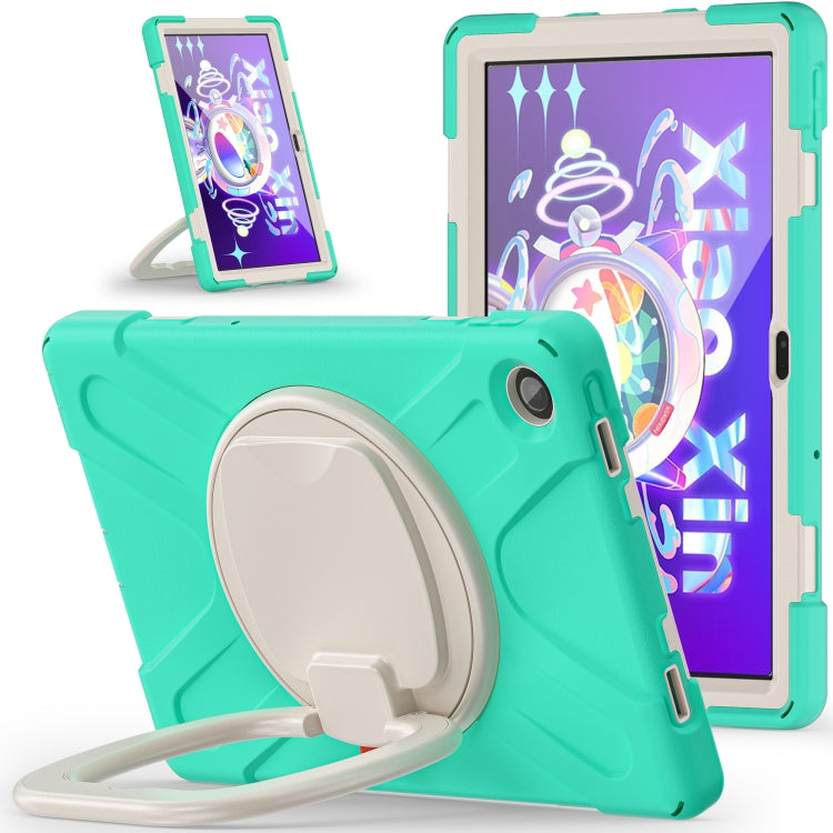 Mint green tablet case with kickstand and rotating handle, protective edges