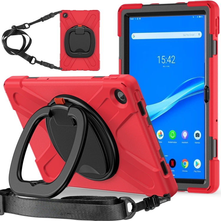 Red protective tablet case with front hand strap and folding kickstand bumper edges.