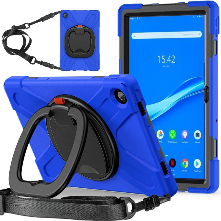 Blue protective tablet case with front hand strap and folding kickstand bumper edges.