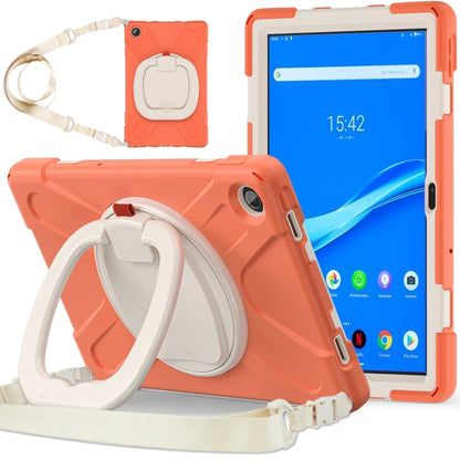 Coral protective tablet case with white hand strap and folding kickstand bumper edges.