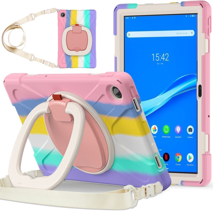 Pastel colorful protective tablet case with pink hand strap and folding kickstand bumper edges.