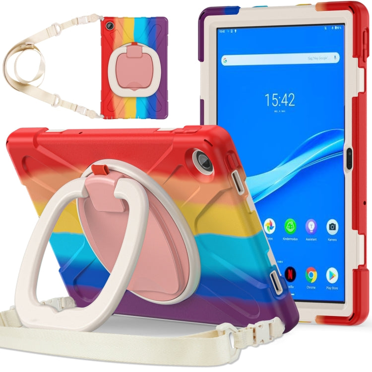 Colorful protective tablet case with pink hand strap, ring kickstand, and bumper edges.