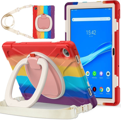 Colorful protective tablet case with pink hand strap, ring kickstand, and bumper edges.
