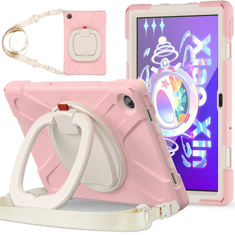 Pink protective tablet case with beige hand strap and folding kickstand bumper edges.