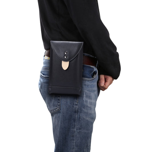 Universal phone fanny pack case, black faux-leather with flap and snap closure