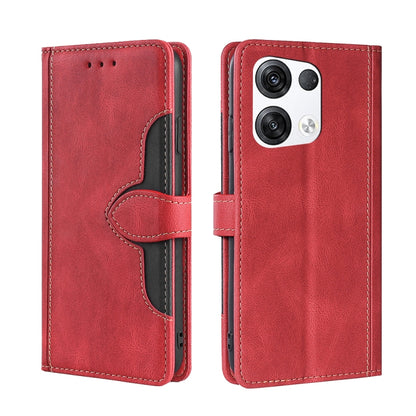Magnetic leather phone case with folio cover, red finish, and camera cutout