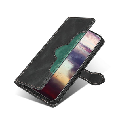 Magnetic buckle leather phone case, black with green strap and front flip cover