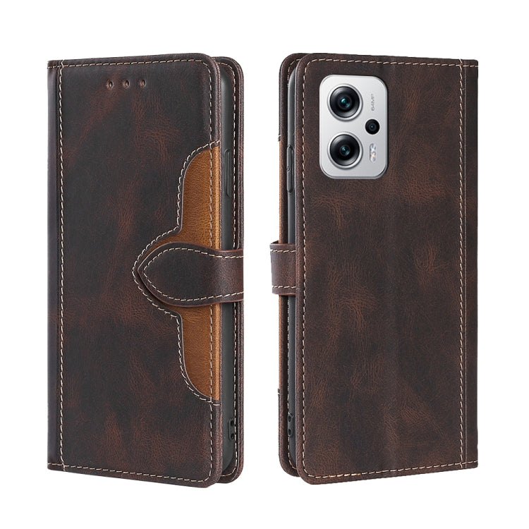 Magnetic buckle leather phone case, brown with stitched detail and fold-over cover