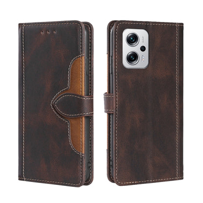 Magnetic buckle leather phone case, brown with stitched detail and fold-over cover