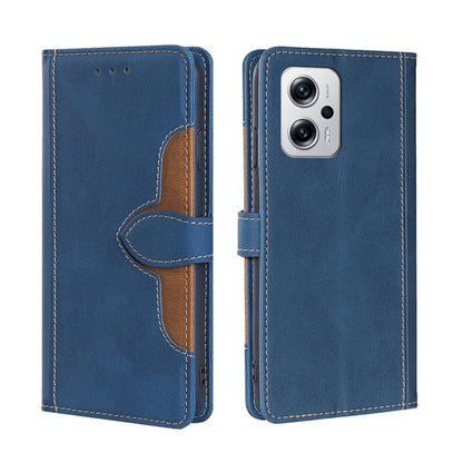 Magnetic buckle leather phone case, blue with brown accents and side magnetic strap