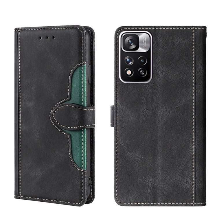 Magnetic leather phone case with folio cover, black finish, and camera opening
