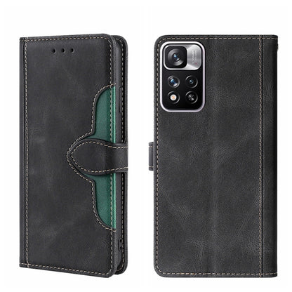 Magnetic leather phone case with folio cover, black finish, and camera opening