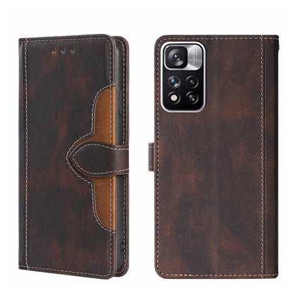 Magnetic leather phone case with folio cover, brown finish, and camera cutout