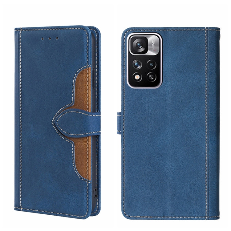 Magnetic leather phone case with folio cover, blue finish, and magnetic buckle