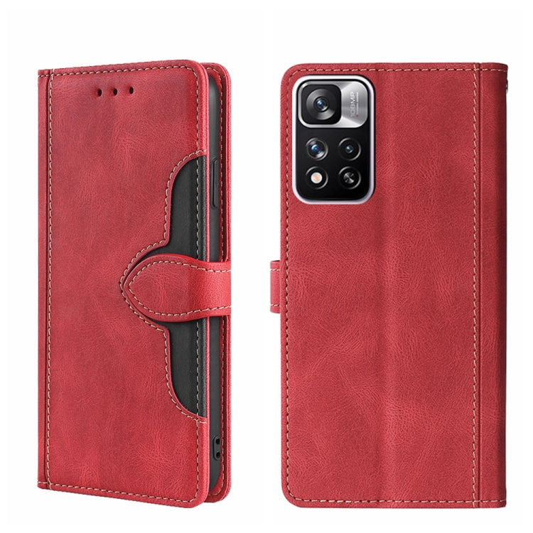 Magnetic leather phone case with folio cover, red finish, and magnetic buckle