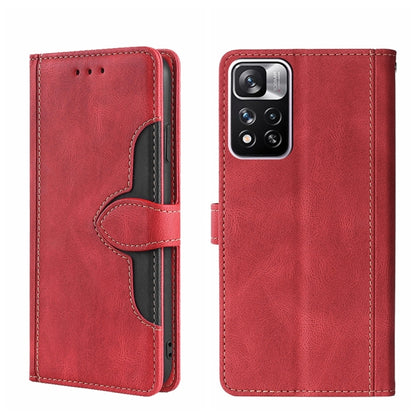 Magnetic leather phone case with folio cover, red finish, and magnetic buckle