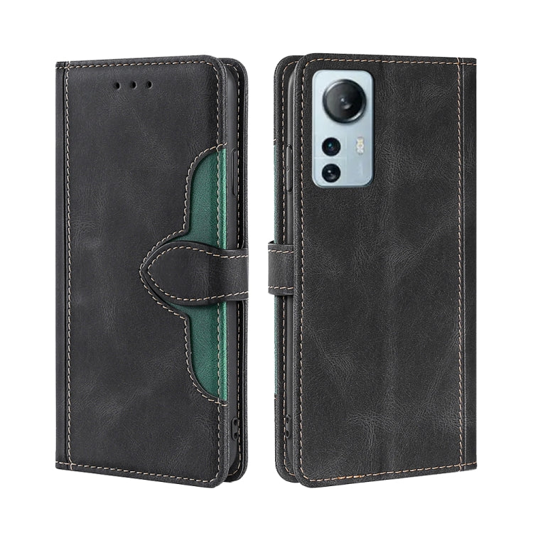 Magnetic leather phone case with folio cover, black finish, and stitched magnetic strap