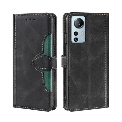 Magnetic leather phone case with folio cover, black finish, and stitched magnetic strap