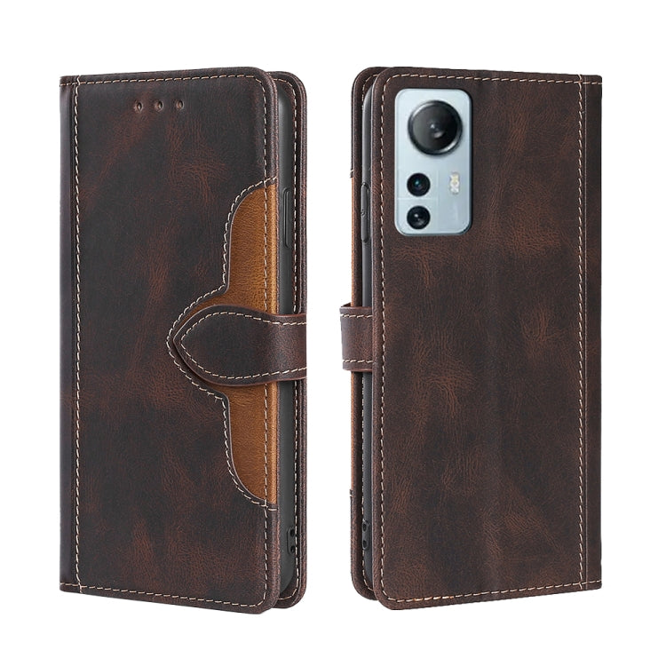 Magnetic leather phone case with folio cover, brown finish, and stitched magnetic strap