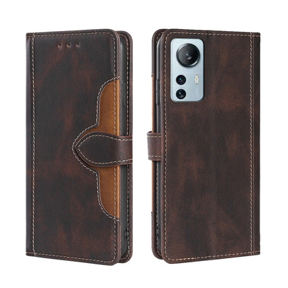 Magnetic leather phone case with folio cover, brown finish, and stitched magnetic strap