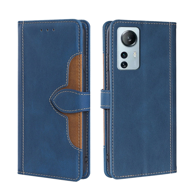 Magnetic leather phone case with folio cover, blue finish, and camera lens opening