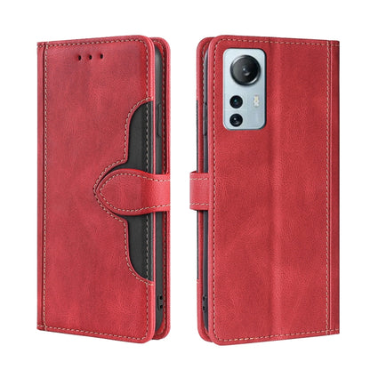 Magnetic leather phone case with folio cover, red finish, and camera cutout