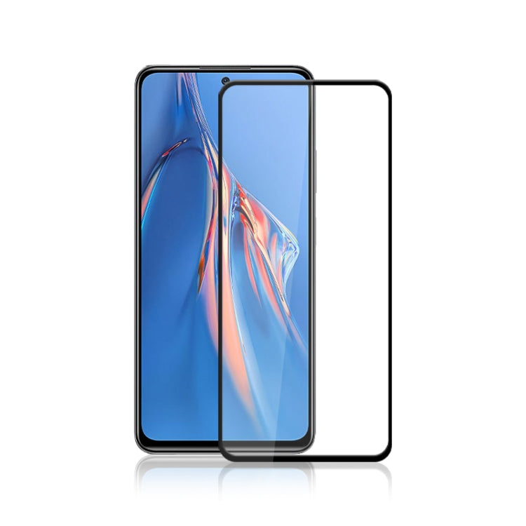 Tempered glass screen protector film with black border, covering phone front display