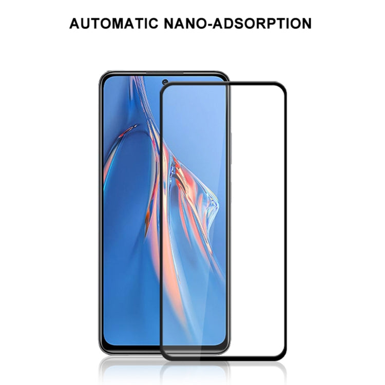 Tempered glass screen protector film with black border, placed over phone screen