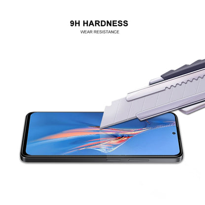 Tempered glass screen protector film, side view with coverage on phone display