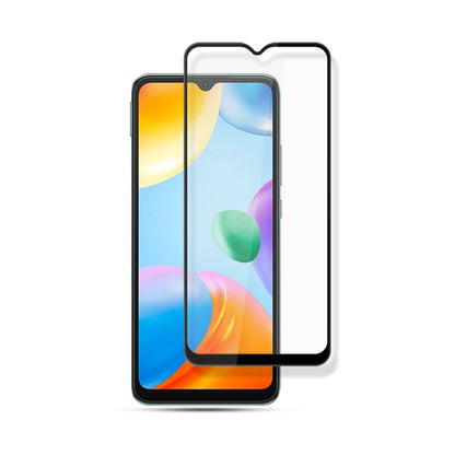 Tempered glass screen protector film with black frame over phone display with multicolor wallpaper