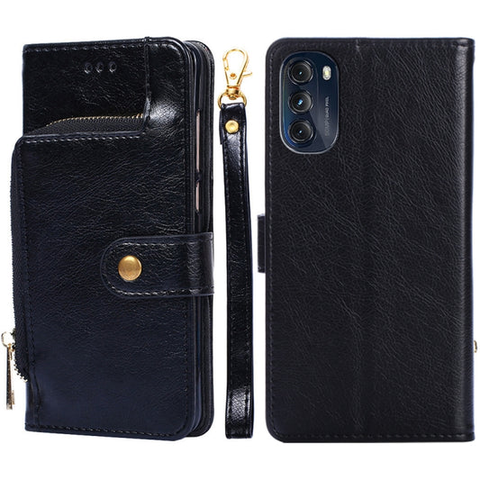 Zipper flip leather phone case with card slot, black finish, gold hardware, for phones
