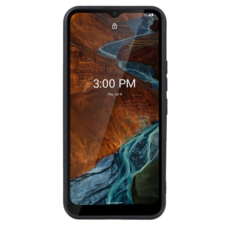 Black TPU phone case front view with camera, port, and button openings