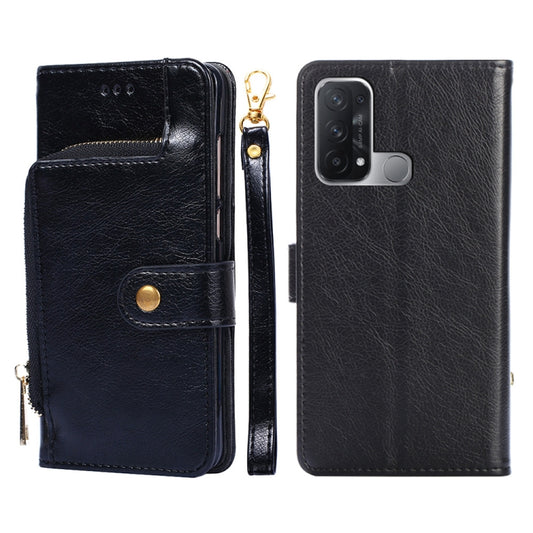 Black leather flip phone case with wrist strap, magnetic buckle, and camera cutout