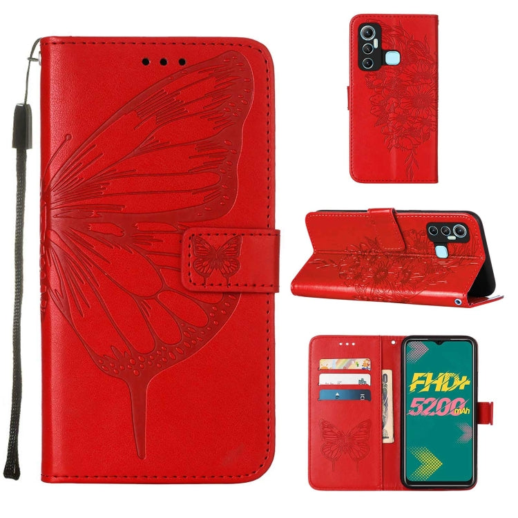 Red embossed butterfly leather phone case with flip stand and card slot