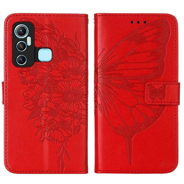 Red embossed butterfly leather phone case, front and back view