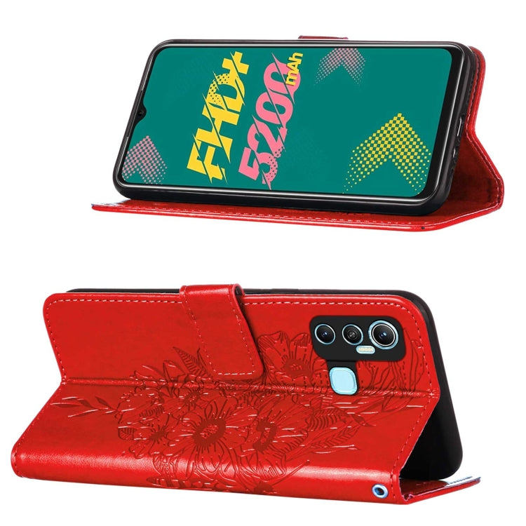 Red embossed butterfly leather folio phone case with magnetic flip cover