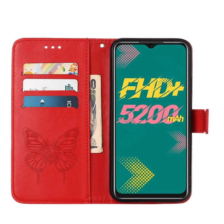 Red embossed butterfly leather phone case with inner card slots and cutouts