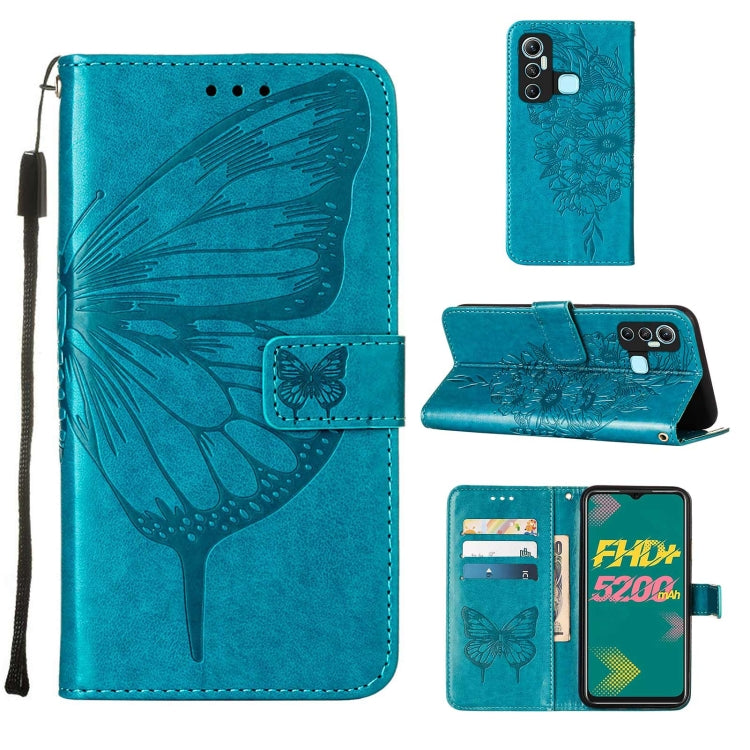 Blue embossed butterfly leather phone case with flip stand and card pocket