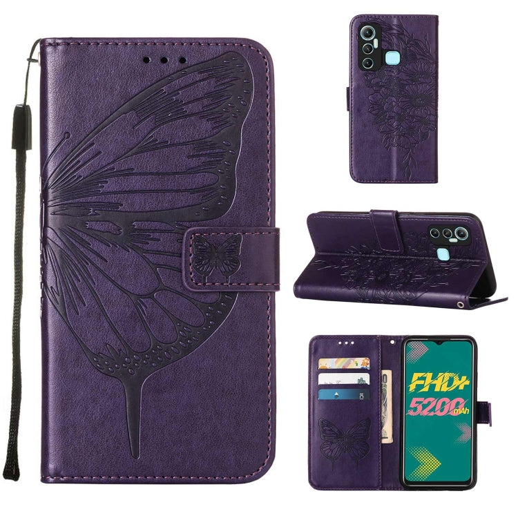 Purple embossed butterfly leather phone case with flip stand and card slot