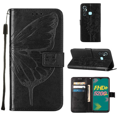Black embossed butterfly leather phone case with flip stand and card pocket