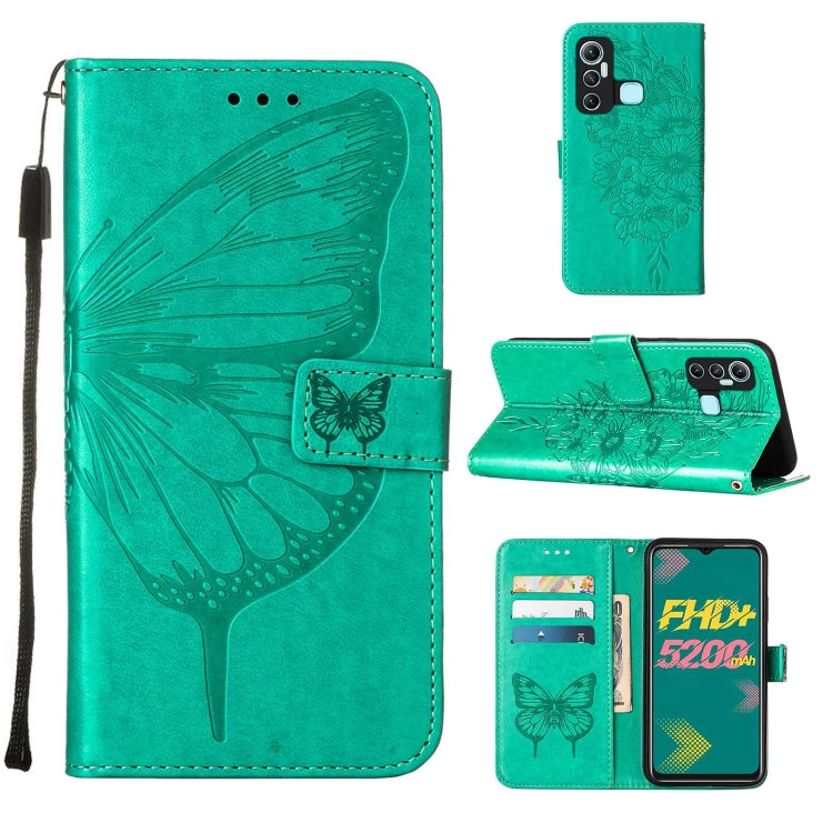 Green embossed butterfly leather phone case with flip stand and card pocket