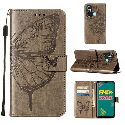Brown embossed butterfly leather phone wallet case with flip cover and card slots