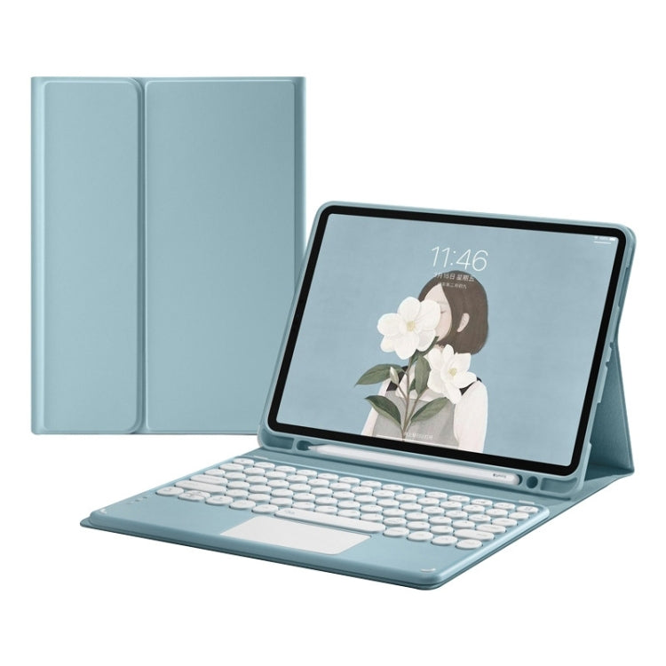 Blue Bluetooth keyboard tablet case with touchpad, folio stand and tablet in view