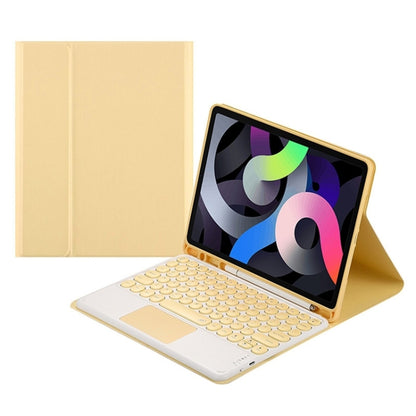 Yellow Bluetooth keyboard tablet case with touchpad, folio stand and tablet in view