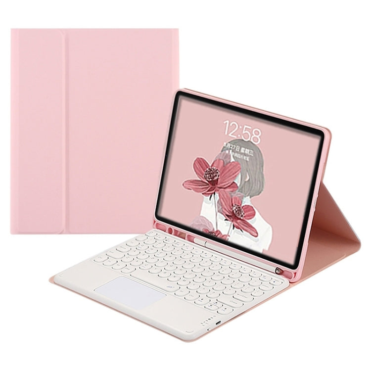 Pink Bluetooth keyboard tablet case with touchpad, folio stand and tablet in view