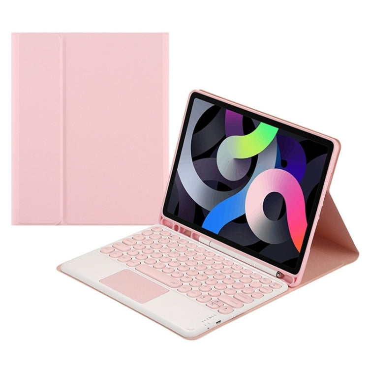 Pink Bluetooth keyboard tablet case with touchpad, folio stand and tablet in view